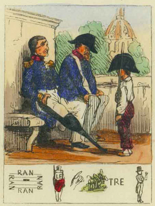 This is a hand-colored image depicting two men in unifrom sitting at left. One is wearing an artificial leg. There is a longer boy standing in front of them. The sense it outdoors, and there is a building in the background.